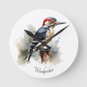 Relógio Redondo Pica-Pau da Floresta em Aquarela, personalizado