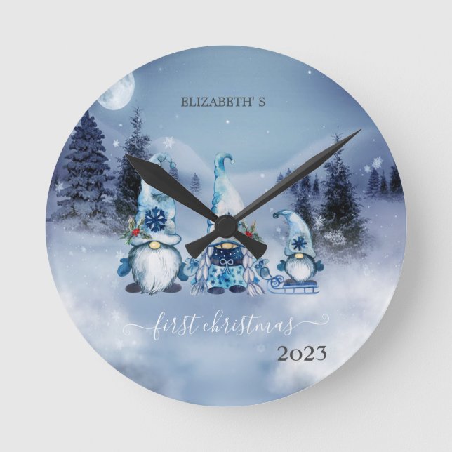 Relógio Redondo Pine Tree Fores, Feriado dos Gnomos Azuis (Frente)