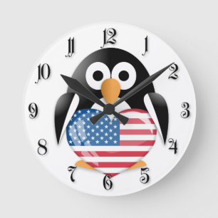 Relógio Redondo Pinguim com bandeira dos EUA