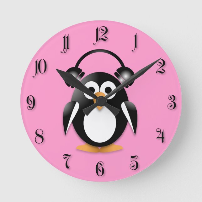 Relógio Redondo Pinguim com fones de ouvido (Frente)