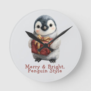 Relógio Redondo Pinguim de Natal Alegre e Brilhante