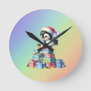 Relógio Redondo Pinguim de Natal bonito com presentes e cartões lu