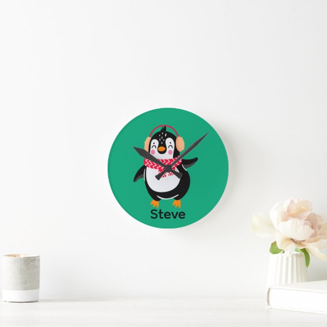 Relógio Redondo Pinguim Jolly Natal em Scarf com Malgas (Lar)