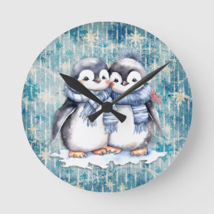 Relógio Redondo Pinguins de Aquarela Azul-Inverno com Escarpas