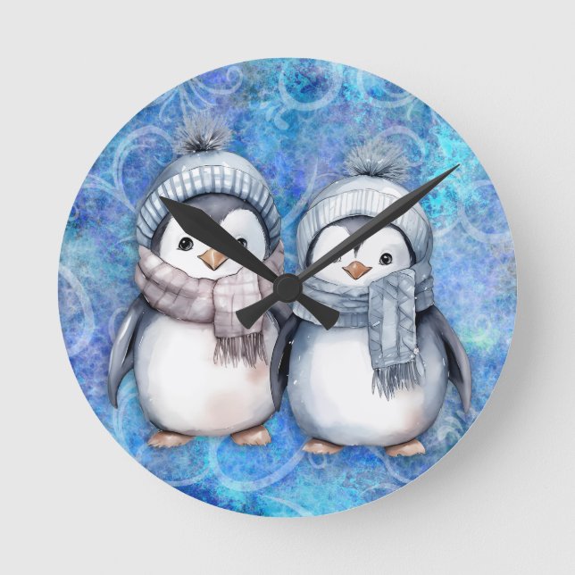 Relógio Redondo Pinguins de Aquarela Azul-Inverno Escarpando Chapé (Frente)