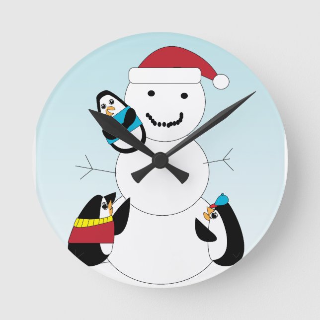 Relógio Redondo Pinguins e Homem de Neve (Frente)