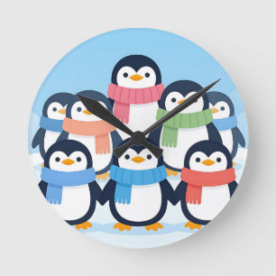 Relógio Redondo Pinguins Fofos Cachecol de Inverno Abraço em Grupo