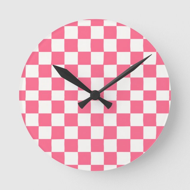 Relógio Redondo Pink and White Checkered Pattern  (Frente)