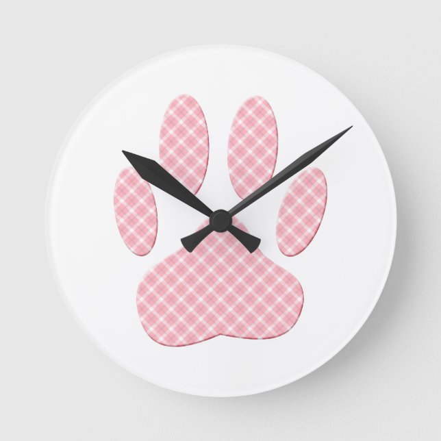 Relógio Redondo Pink And White Tartan Dog Paw Print (Frente)