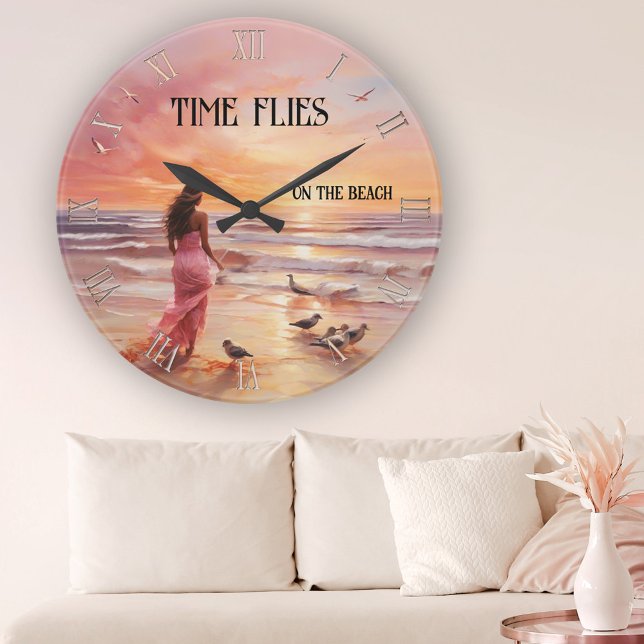 Relógio Redondo Pink Beach Sunset (Elegant wall clock featuring a painting of a lady on the beach at sunset in dreamy pink)