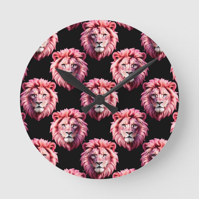 Relógio Redondo Pink Lion Head Animal Pattern Design - Black  (Frente)