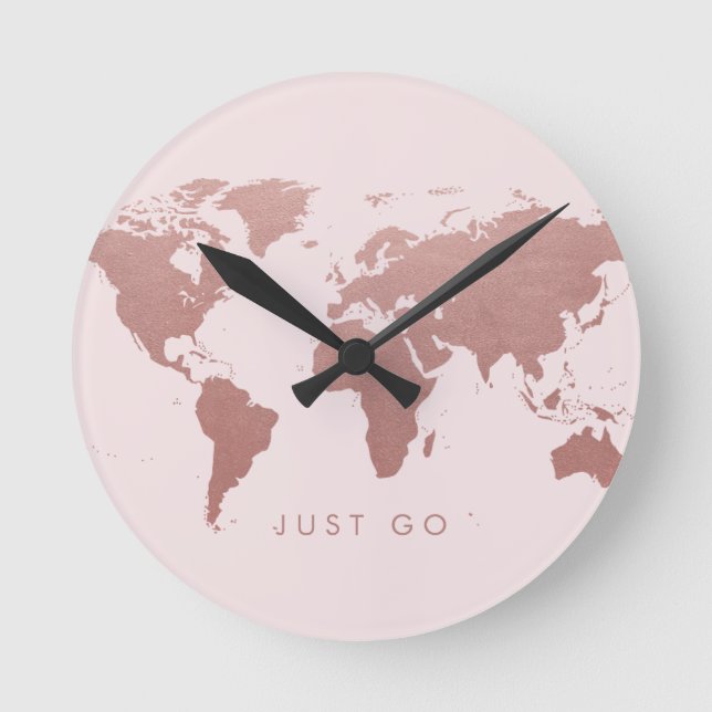 Relógio Redondo Pink World Map Globe Time to Go (Frente)