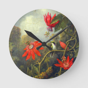 Relógio Redondo Pintura de beija-flor e flores de maracujá