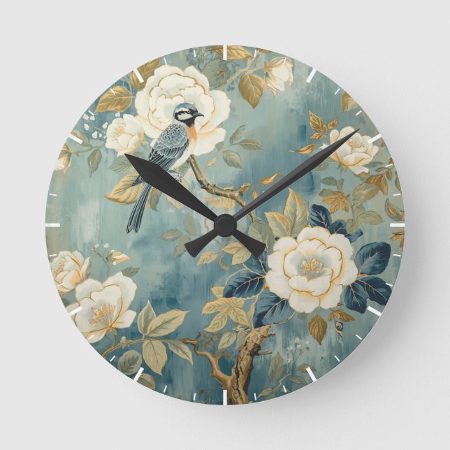 Relógio Redondo Pintura de Flores Brancas Creme Bluebird  (Frente)