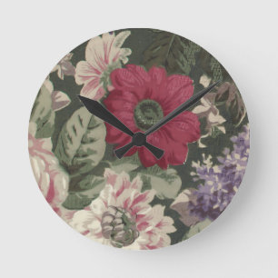 Relógio Redondo Pintura de flores vintage vermelho rosa azul branc