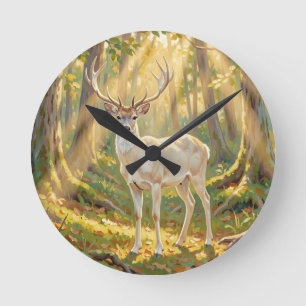 Relógio Redondo Pintura Majestosa do Veado no Bosque Dourado