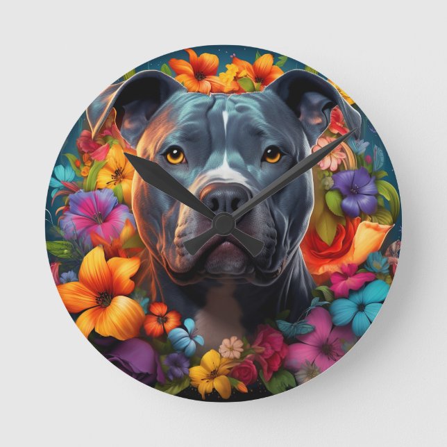 Relógio Redondo Pitbull em uma Terra das Flores (Frente)