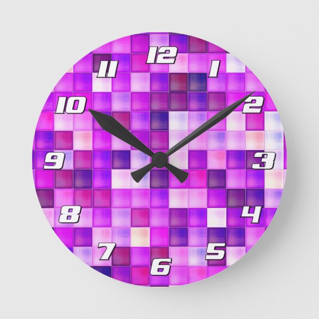 Relógio Redondo Pixels de Jogo de Vídeo Pink Square Patternos com  (Frente)