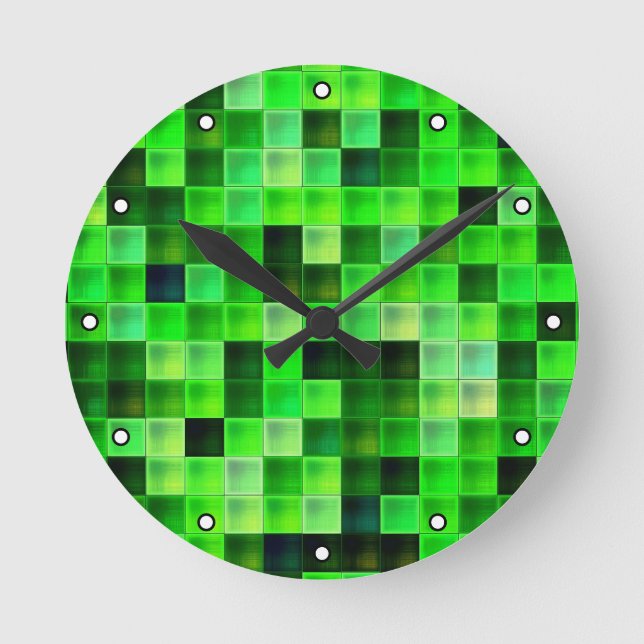 Relógio Redondo Pixels de vídeo Pixels Green Square Patterno com p (Frente)