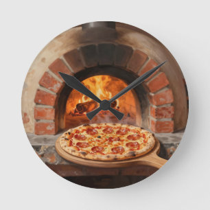 Relógio Redondo Pizza de Pepperoni Cozida a Lenha Rústica Italiana