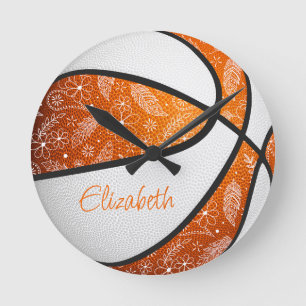 Relógio Redondo pluma branca laranja, paisley doodley basquetebol
