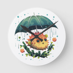 Relógio Redondo Pobre dia chuvoso de peixe com guarda-chuva