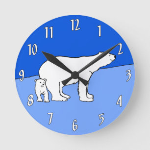Relógio Redondo Polar Bear Mãe e Pintura em Cubo - Arte Selvagem