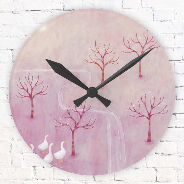 Relógio Redondo Pomar rosa com pintura paisagística em gansos (Pink landscape orchard with geese art clock)