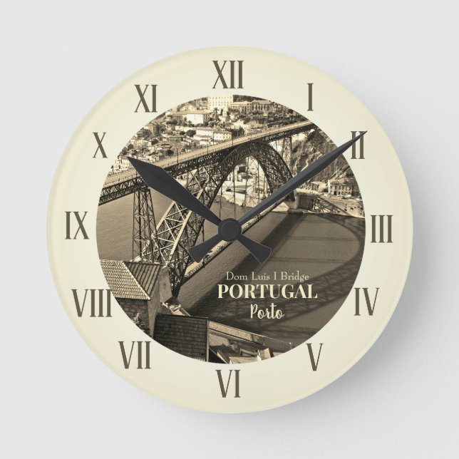 Relógio Redondo Ponte Porto sobre o rio Douro, Portugal, sepia (Frente)