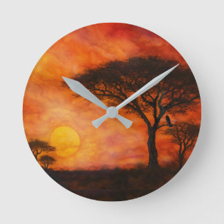 Relógio Redondo Pôr do sol na savana do Serengeti em arte de tinta