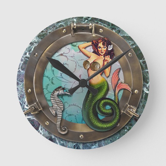 Relógio Redondo PORTHOLE MERMAID, sereias de arte originais (Frente)