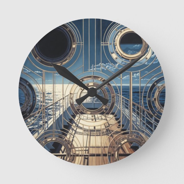Relógio Redondo Porthole Nautical Ocean Liner Luxury Art Deco (Frente)