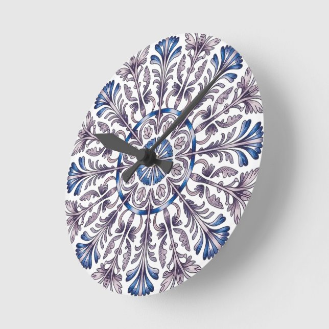 Relógio Redondo Portuguese Azulejo Blue Floral Pattern Wall Clock  (Ângulo)