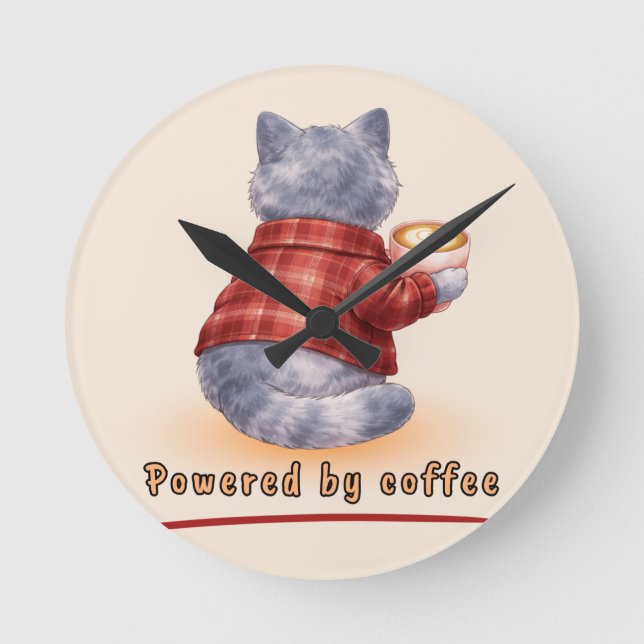 Relógio Redondo "Powered by Coffee" Cat Holding A Cup of Coffee (Frente)