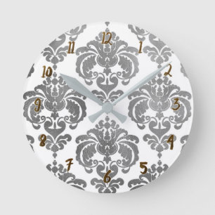Relógio Redondo Prata e Branco Damask Glam Moderno Personalizado