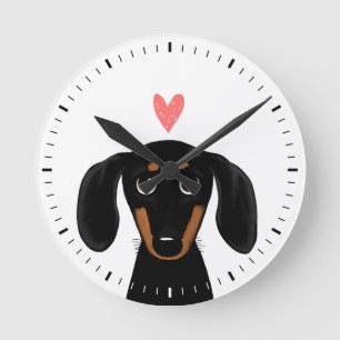Relógio Redondo Preto-Cinto e Dachshund Tan com Coração