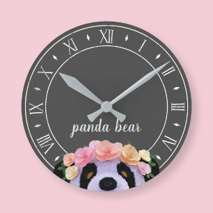 Relógio Redondo Preto e Branco Tema Panda Rústico