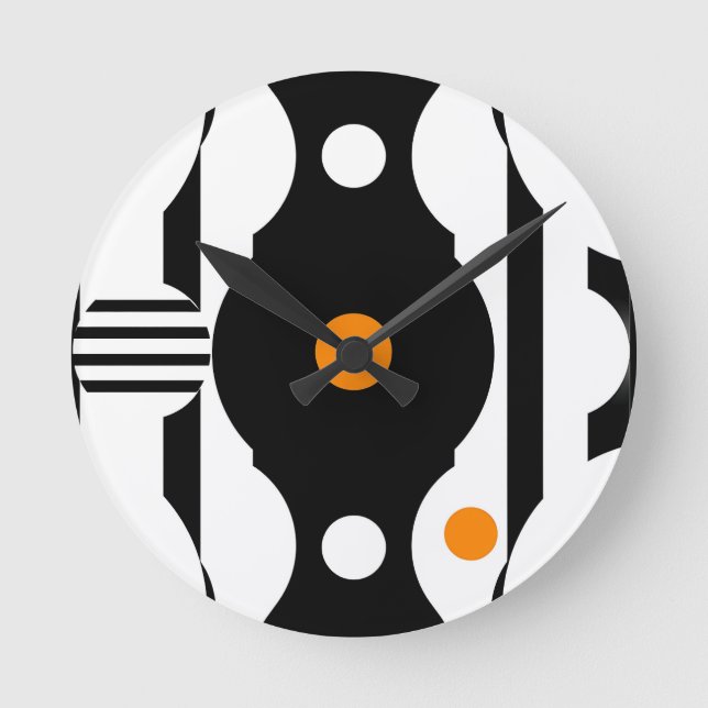 Relógio Redondo Preto Laranja Retro Mod Geométrico (Frente)