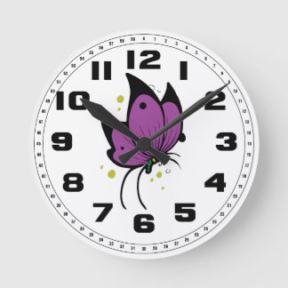 Relógio Redondo Preto roxo borboleta Freckled enchida