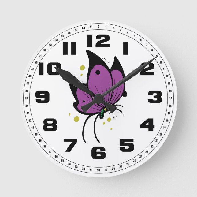 Relógio Redondo Preto roxo borboleta Freckled enchida (Frente)