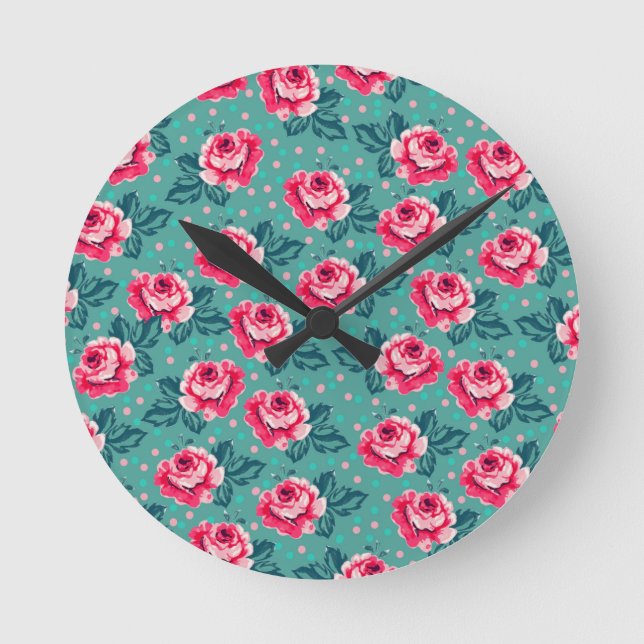 Relógio Redondo Pretty Pink Roses and Polka Dot Pattern on Teal (Frente)