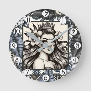 Relógio Redondo Princesa Polinésia Floral Tribal Azul