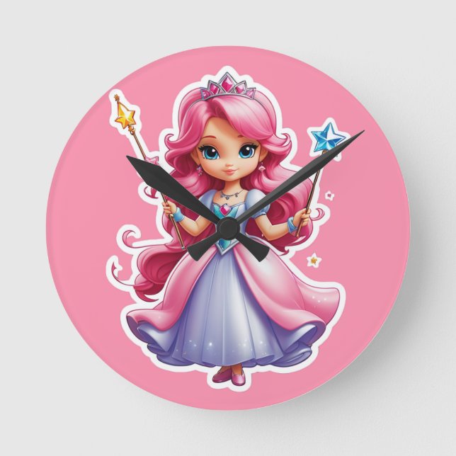 Relógio Redondo Princesa Rosa Com Mão Magia E Tiara (Frente)