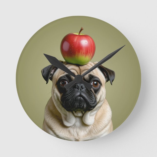Relógio Redondo Pug Apple (Frente)