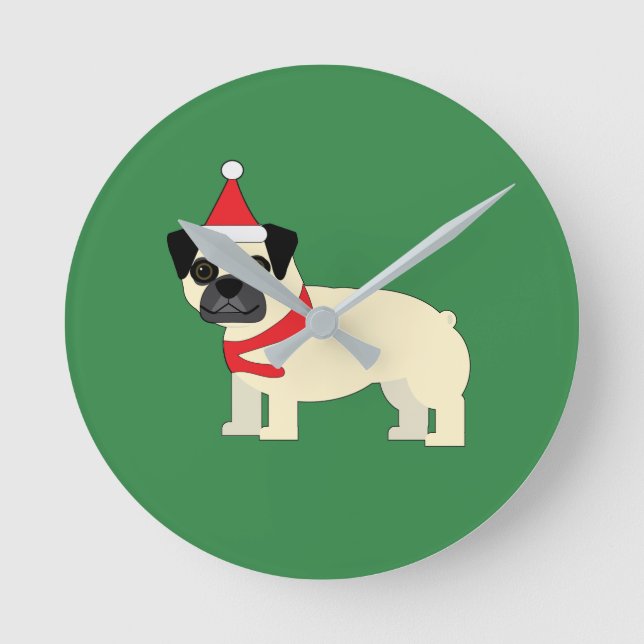 Relógio Redondo Pug do Natal (Frente)