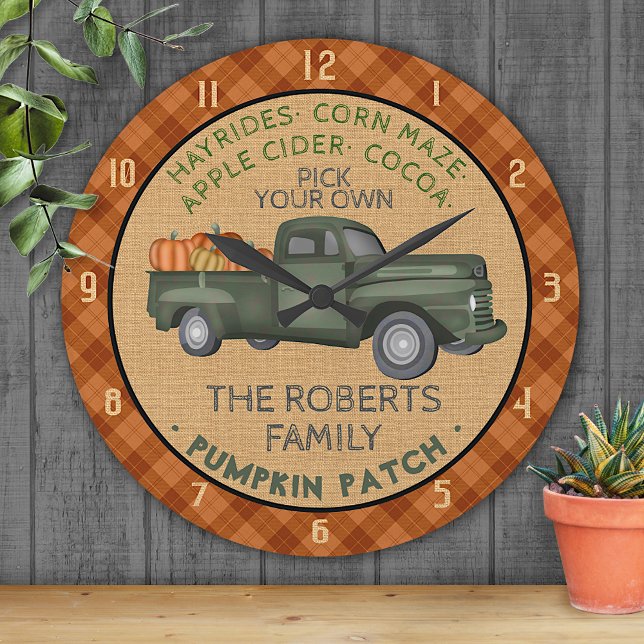 Relógio Redondo Pumpkin Patch Fazenda Vintage Truck Fall Xadrez Ru (Criador carregado)