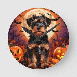 Relógio Redondo Puppy Adorável com Fundo Halloween