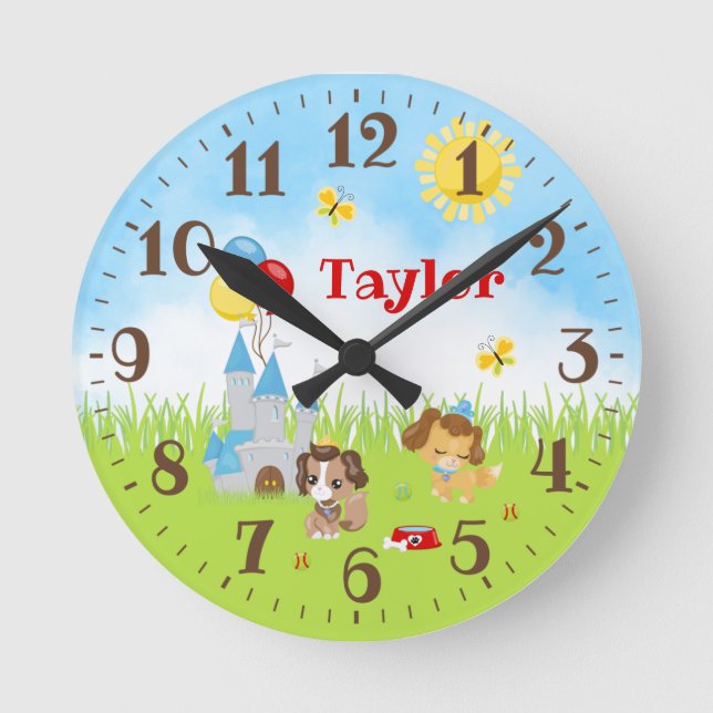 Relógio Redondo Puppy Dogs Castle Blue e Red Round Clock (Frente)