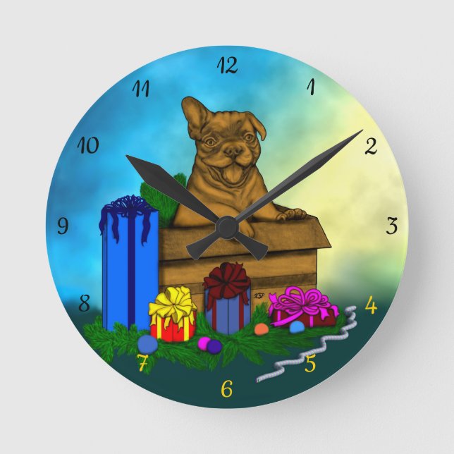 Relógio Redondo Puppy em uma caixa, Merry Xmas (Frente)