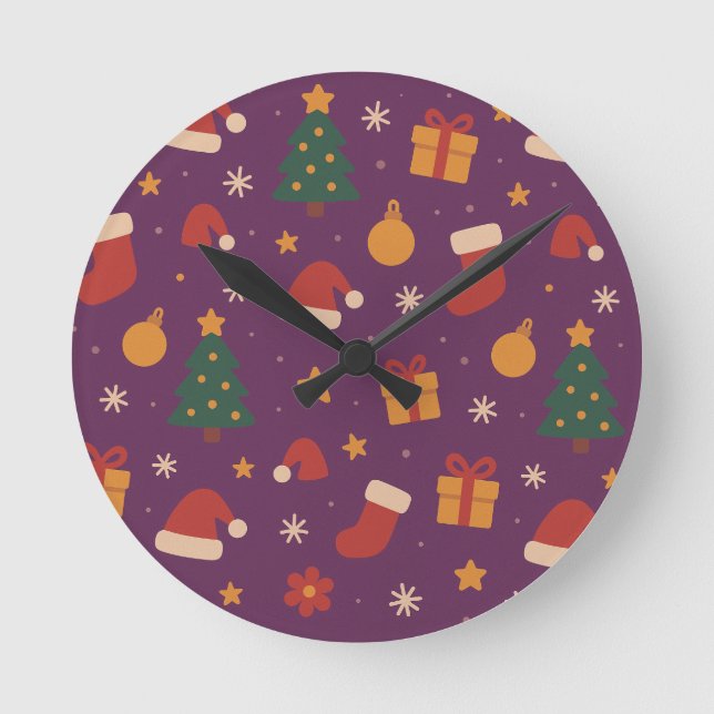 Relógio Redondo Purple Christmas Pattern Aesthetic – Cute Holiday  (Frente)